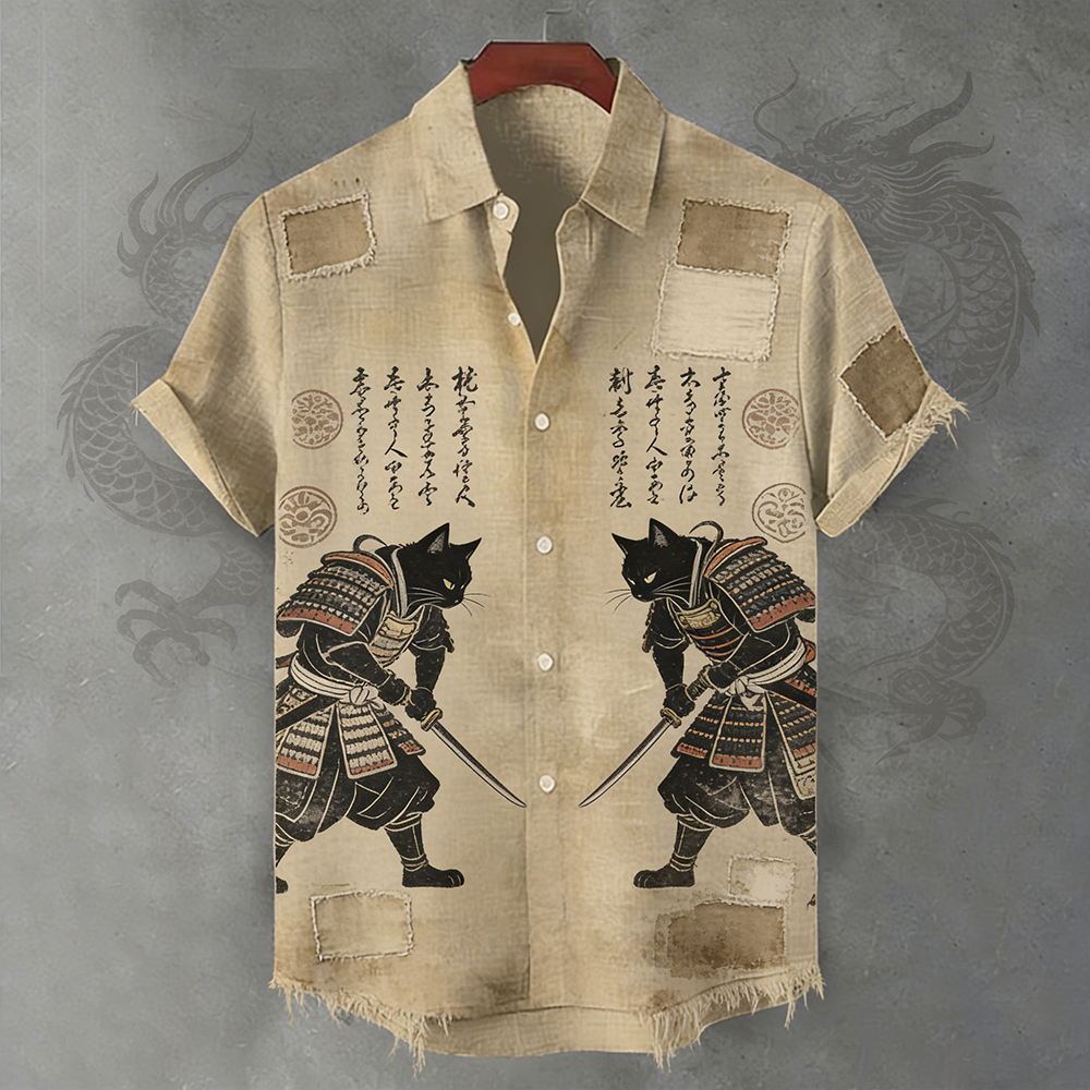 Men's Retro Dueling Cat Samurai Art Print Short Sleeve Shirt elevenforest