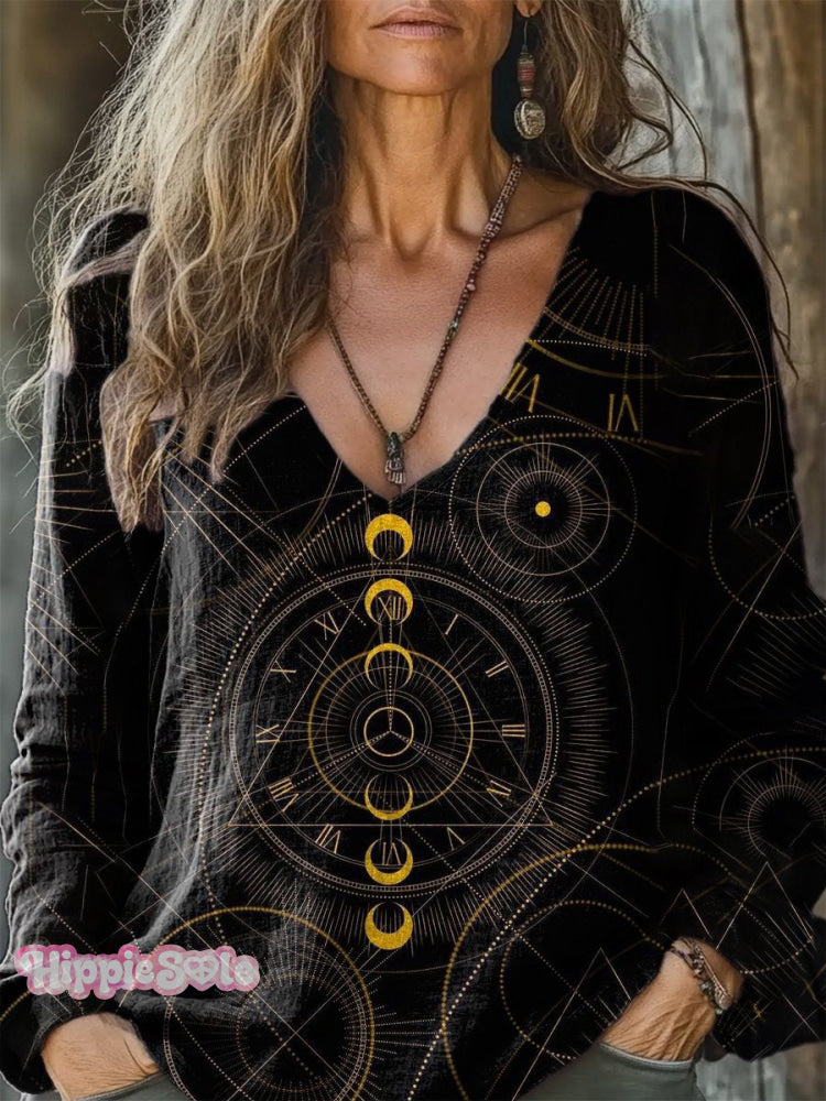 Women&rsquo;s Moon Circle Art Print Casual Long Sleeve Comfortable Cotton Shirt Multicolor / S