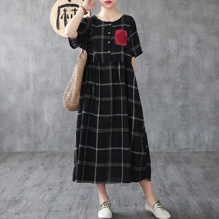 Vivid o neck pockets cotton summer quilting clothes Shirts black plaid Dresses