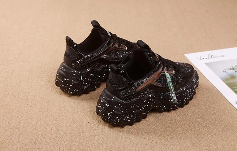 Fashion Women Shoes Dad Chunky Sneakers Women Luxury Comfortable Glossy Thick Sole Ladies Platform Wave Bottom Trainers Female