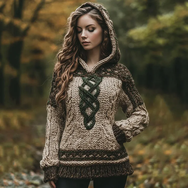 Women's Irish Celtic Knotted Jacquard Pocket Hooded Sweater
