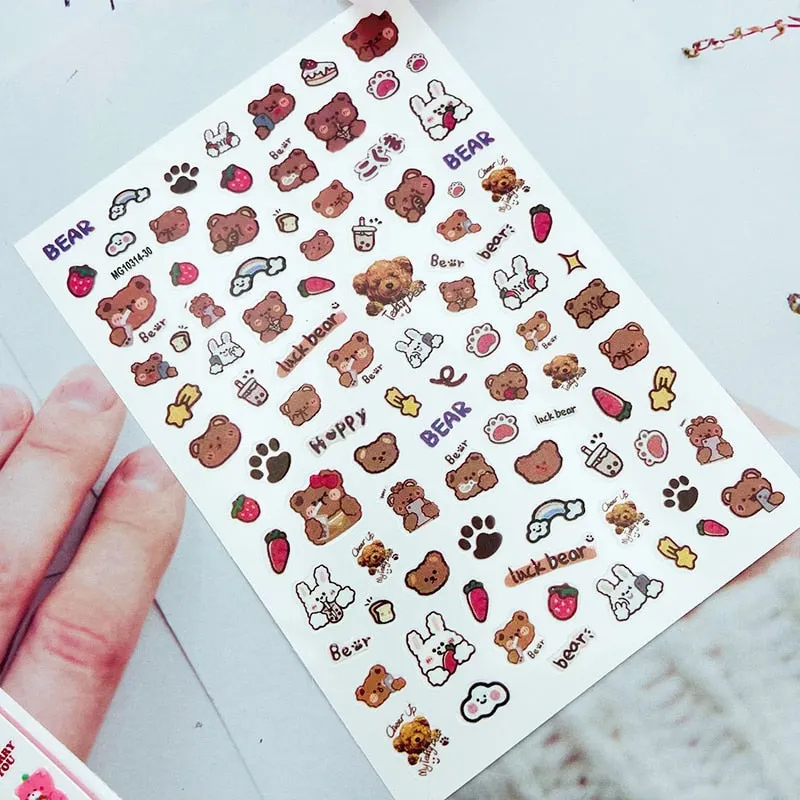 New Style Cartoon Nail Stickers Decals Neon Light Flamingo Teddy Bear Pattern Self Adhesive Nail Art DIY Manicure Decorations-Nail Inspo