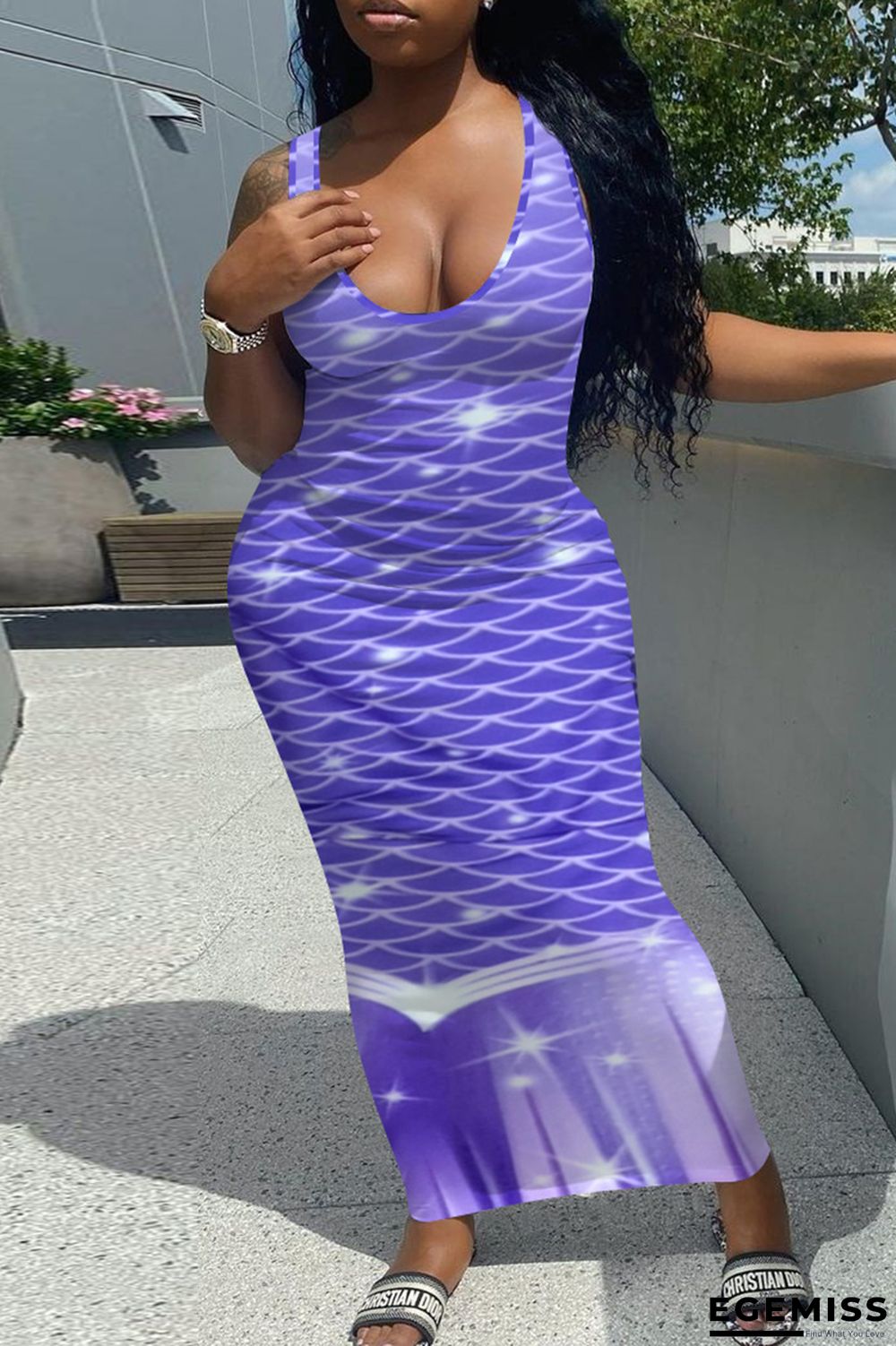 Blue Sexy Casual Print Basic U Neck Vest Dress Dresses | EGEMISS