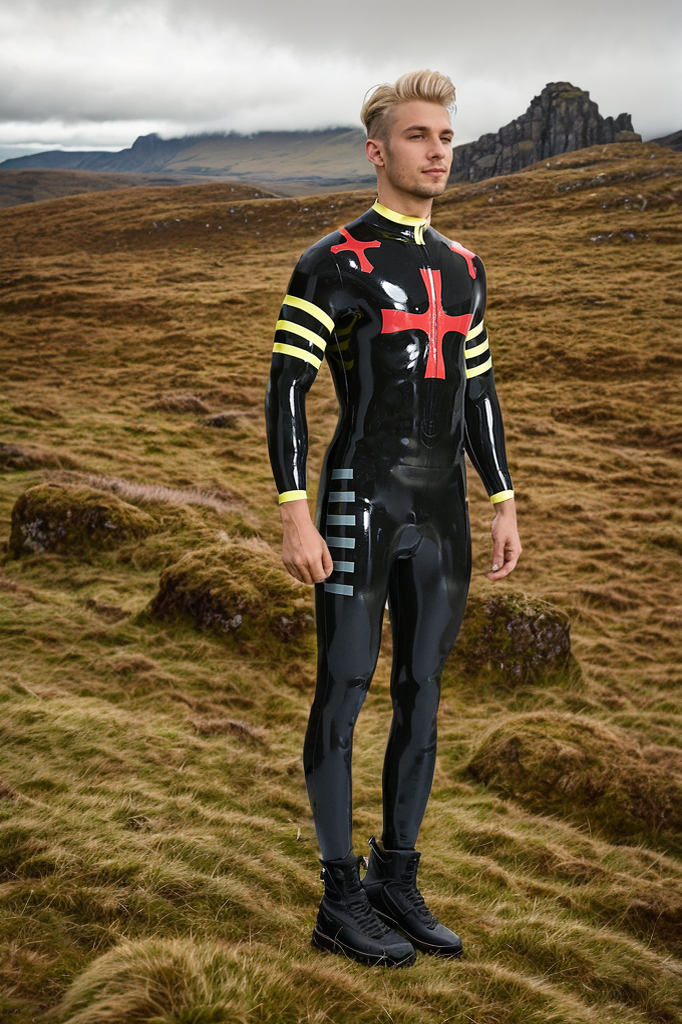 Men Latex Catsuits Front Zip Three Crossways Black