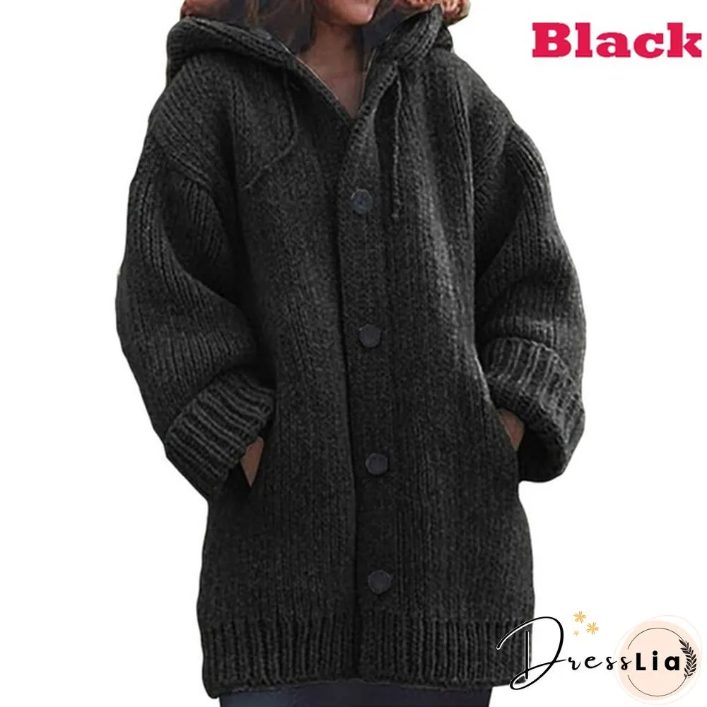 Women Fashion Mid-length Button Up Knitted Cardigan Jackets Ladies Casual Autumn and Winter Hooded Sweater Coats Strickjacke Damen