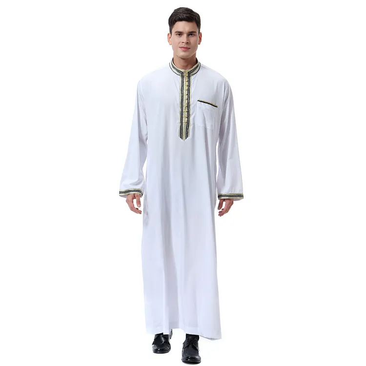 Mens Thobes Muslim Men's Applique Stand Collar Robe