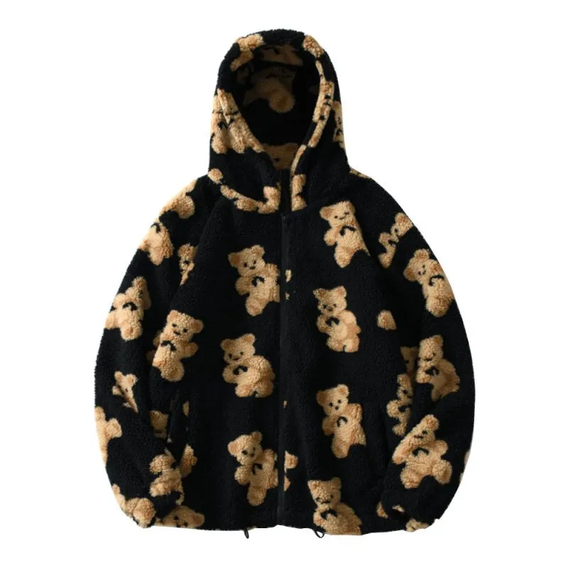 Brownm Long Sleeve Hooded Thick Casual Cartoon Pattern Bear Zipper Pocket Fleece Sweatshirt