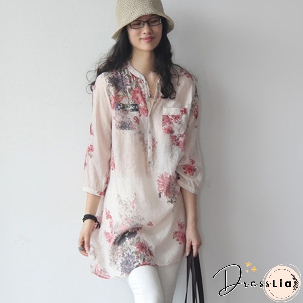 Vintage Women Floral Printed Casual Loose Tops Shirt Tunic Dress