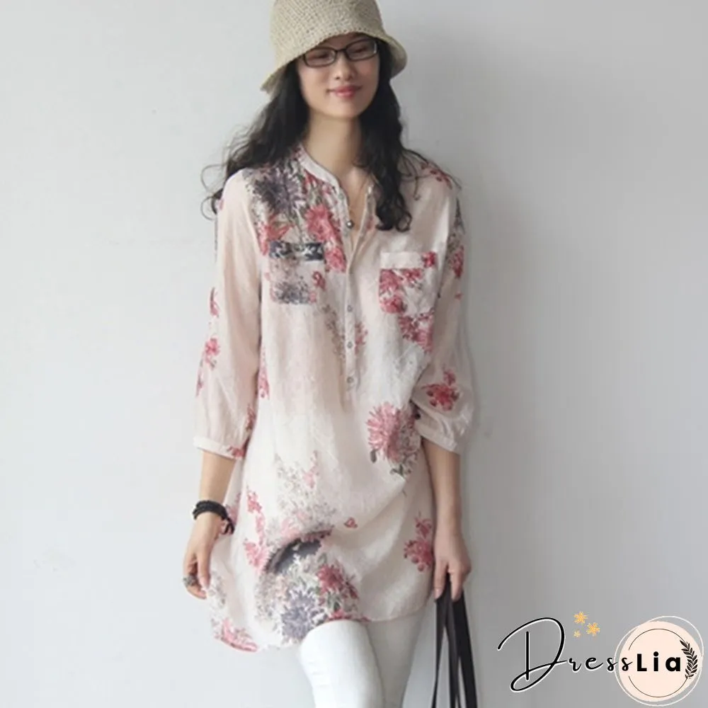 Vintage Women Floral Printed Casual Loose Tops Shirt Tunic Dress