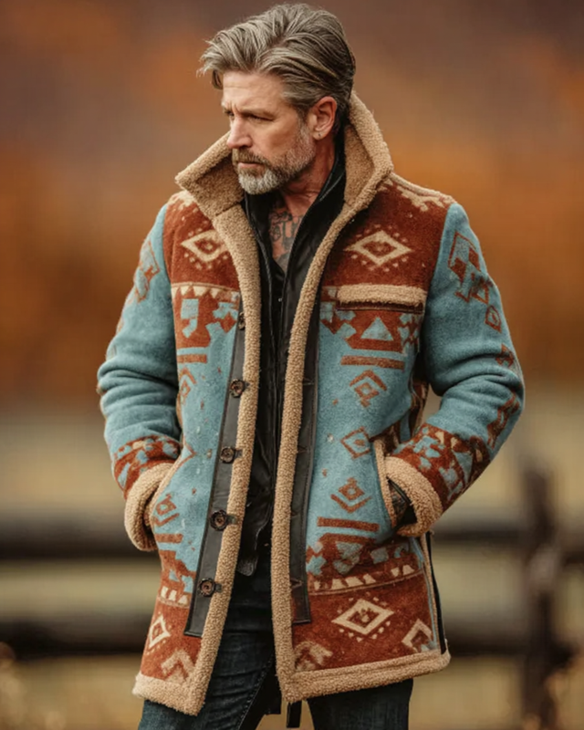 Men's ethnic style Aztec print embroidered flannel fur collar coat 90b2