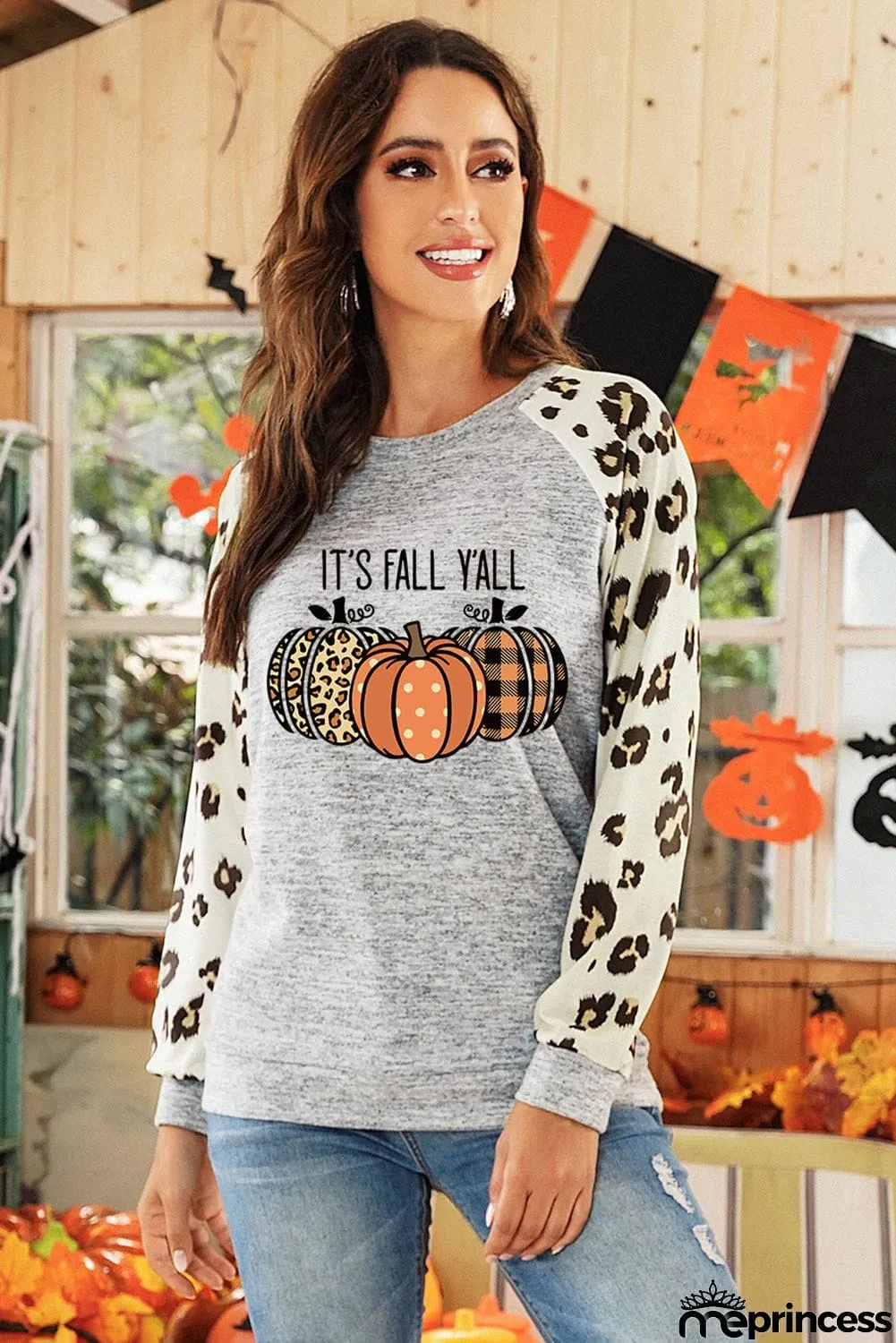 Animal Print Sleeve Halloween Pumpkin Raglan Top