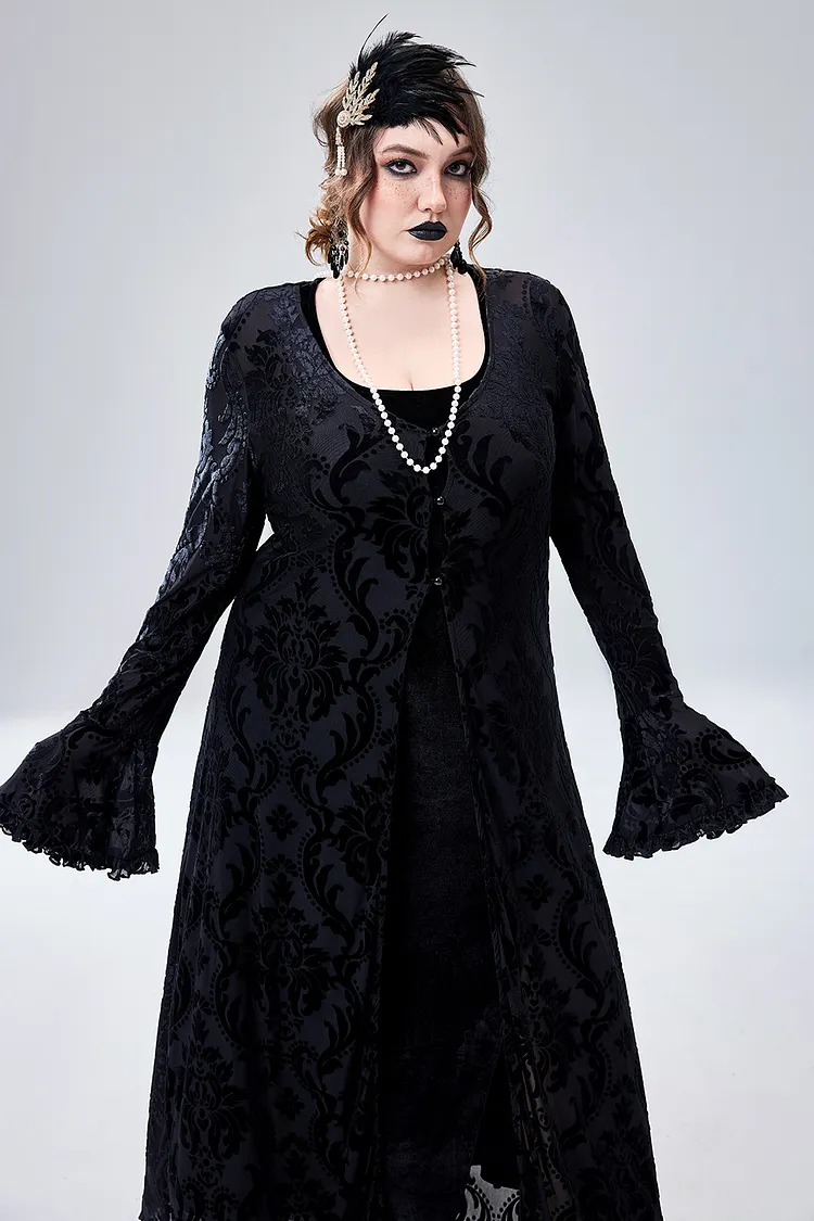 Plus Size Gothic Halloween 1920s Flapper Dress Gothic V-Neck Long Sleeve Velvet Costume