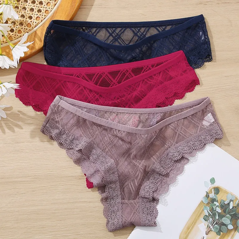FINETOO M-2XL Sexy Lace Panties Women 3Pcs/set Low Waist Lattice Underwear Ladies Transparent Panty Female Underpants Lingerie