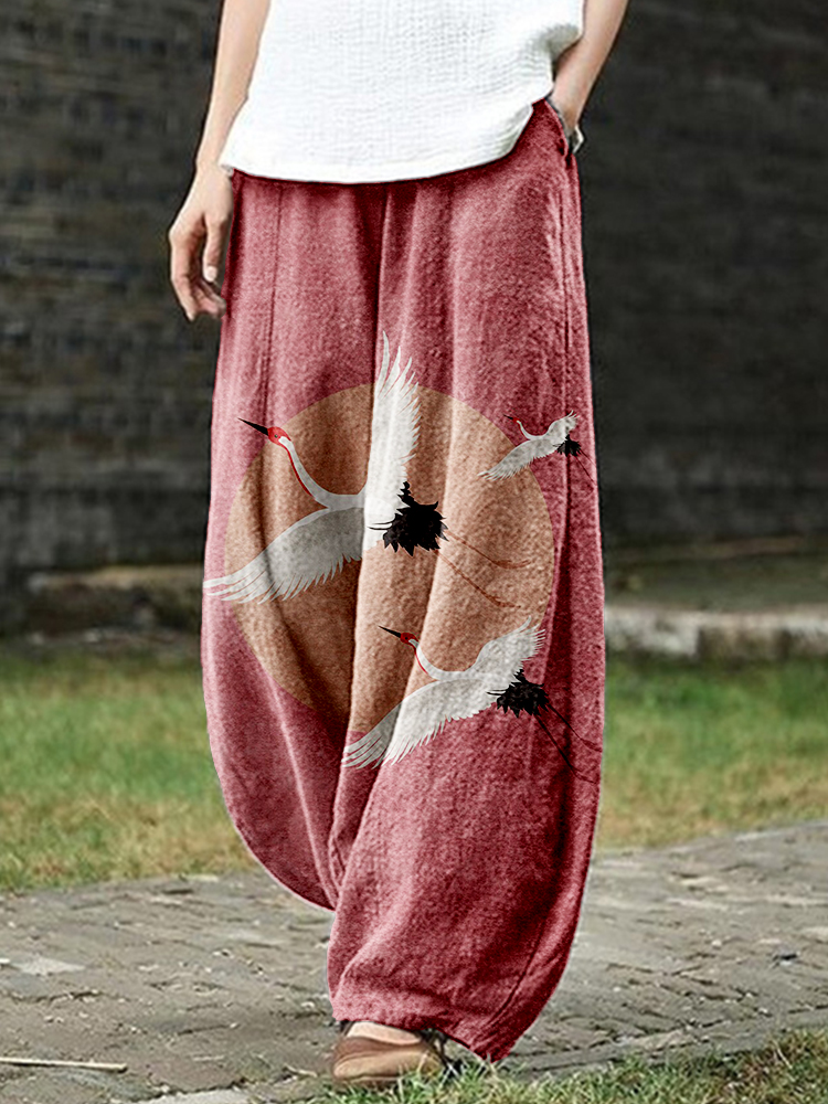 Flying Cranes Japanese Art Pattern Linen Blend Casual Pants