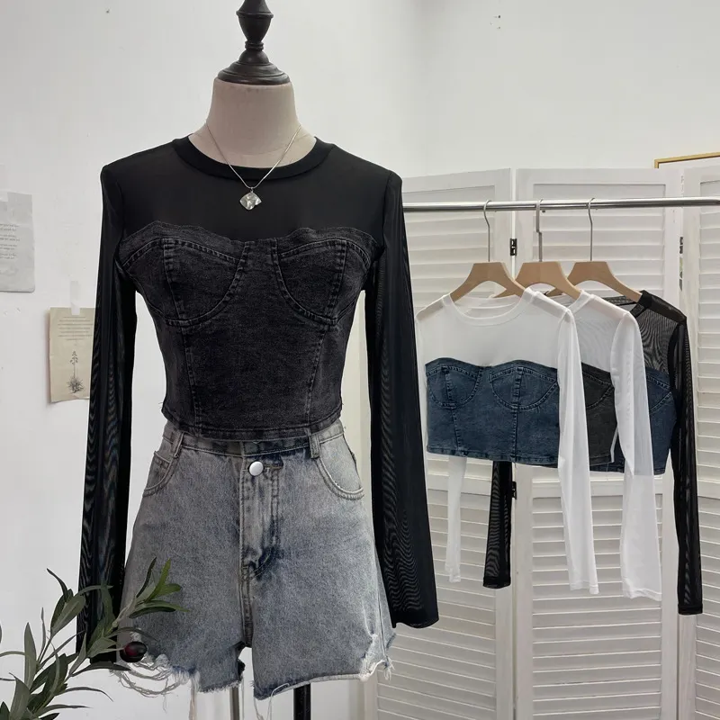 Churchf Fashion Fake Two Denim Splicing Mesh Long Sleeve Top Short Open Umbilion T-Shirt 2623