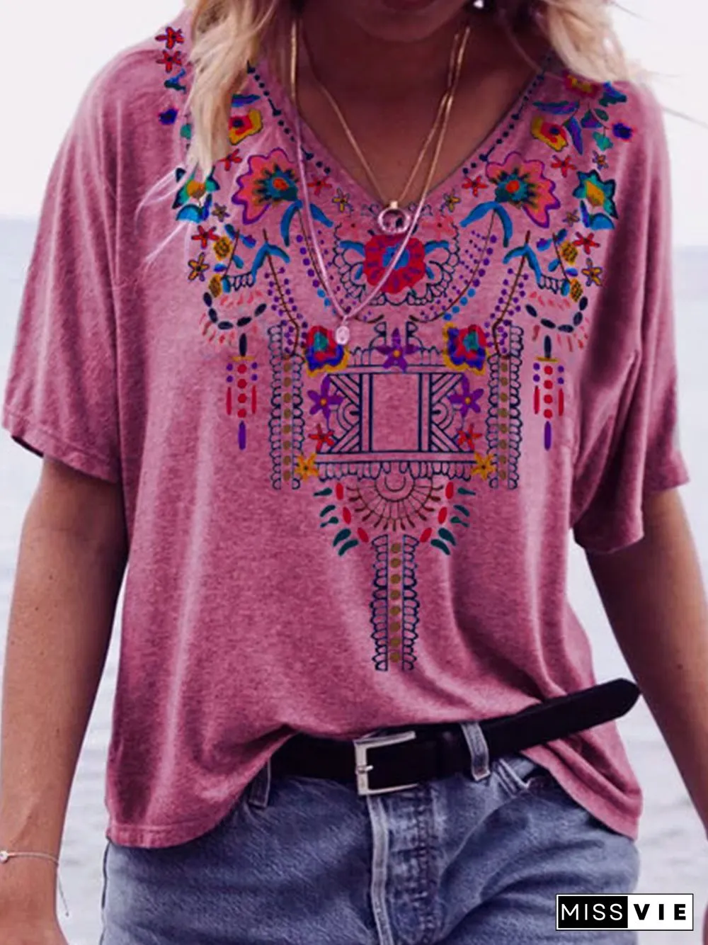 Women Boho Vintage Cotton Floral V Neck T-Shirts