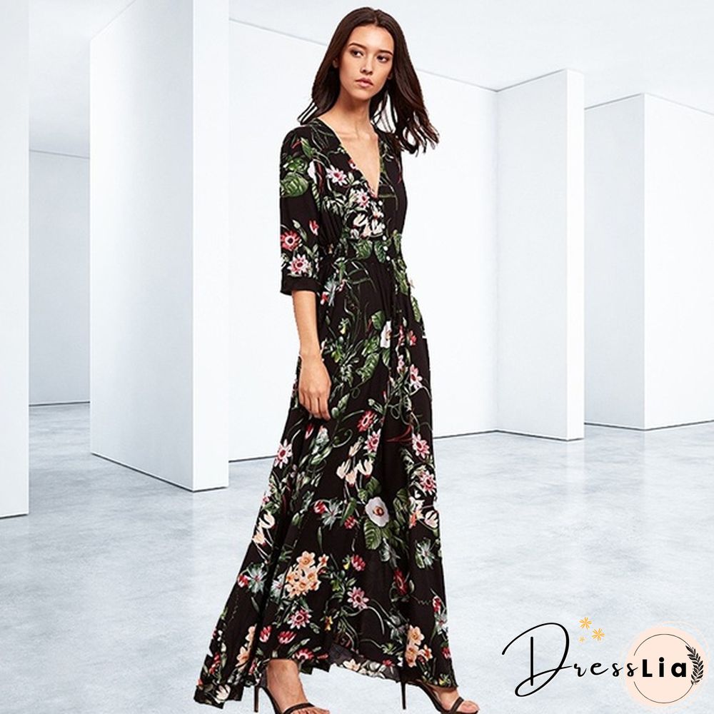 Summer Fashion Womens Bohemian V Neck Print Big Swing Long Dress Plus Size
