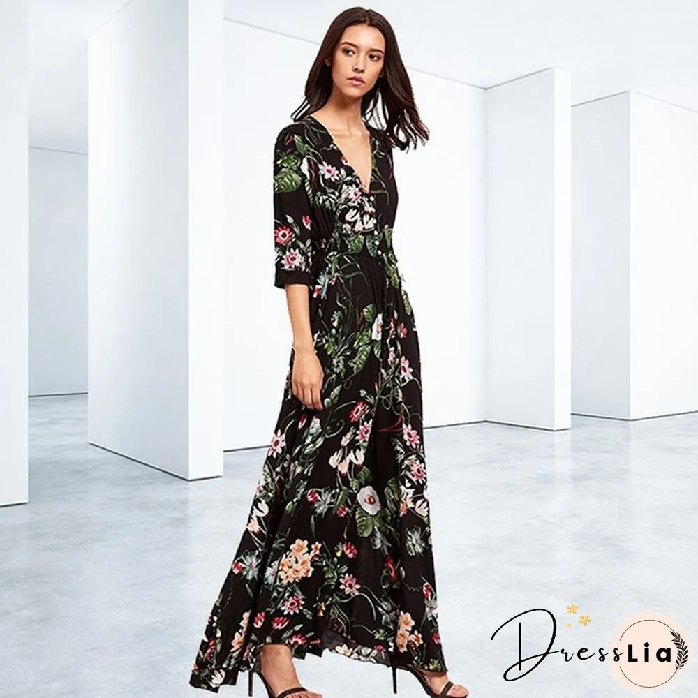Summer Fashion Womens Bohemian V Neck Print Big Swing Long Dress Plus Size
