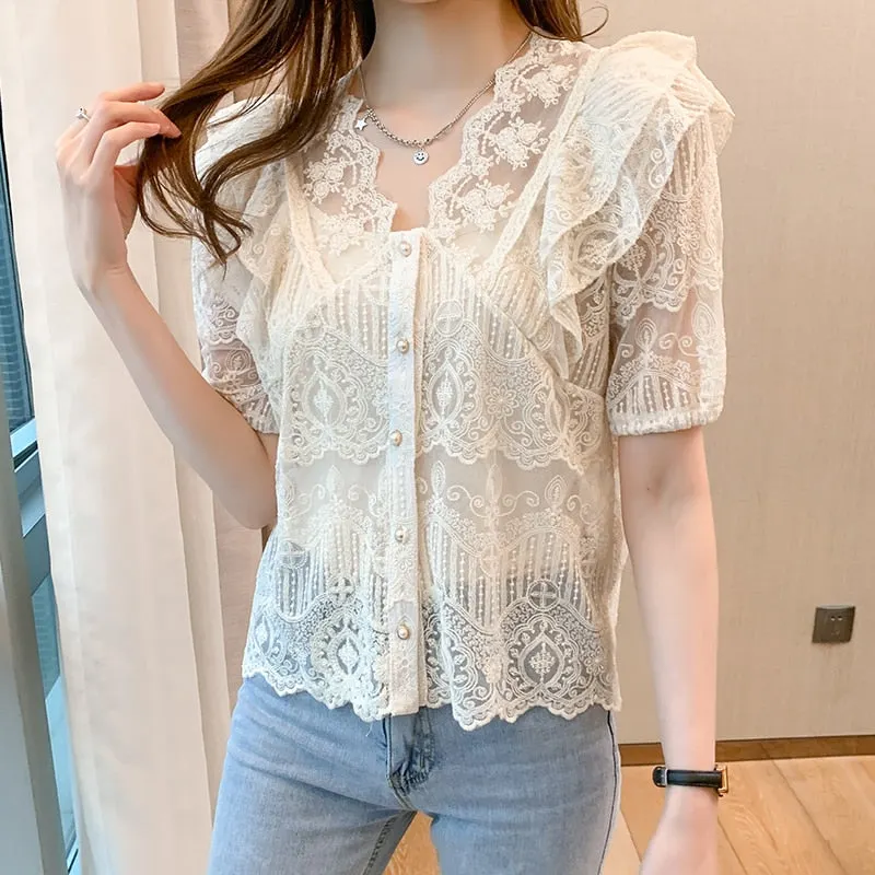 2021 Summer Shirt Sexy Lace Shirt V-neck Fashion Style Base Shirt with Sling Hollow Out Small Shirt French Short Sleeve 13989