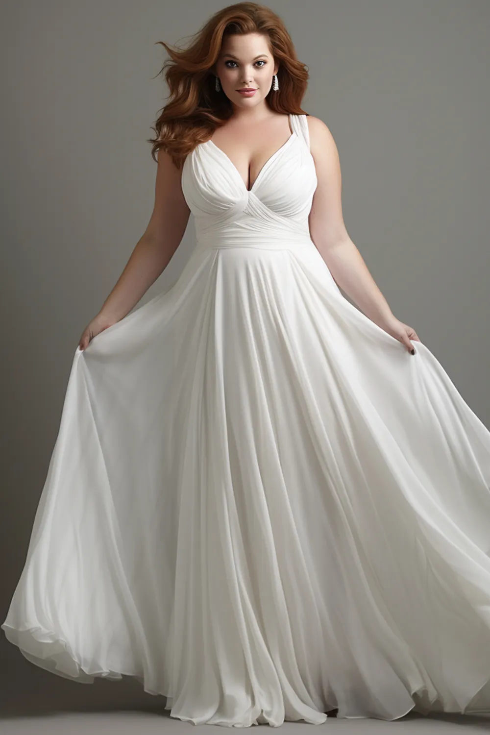 Flycurvy Plus Size Formal White Chiffon Built-in Bra Deep V Neck Empire  Waist Cami Maxi Dress- Flycurvy