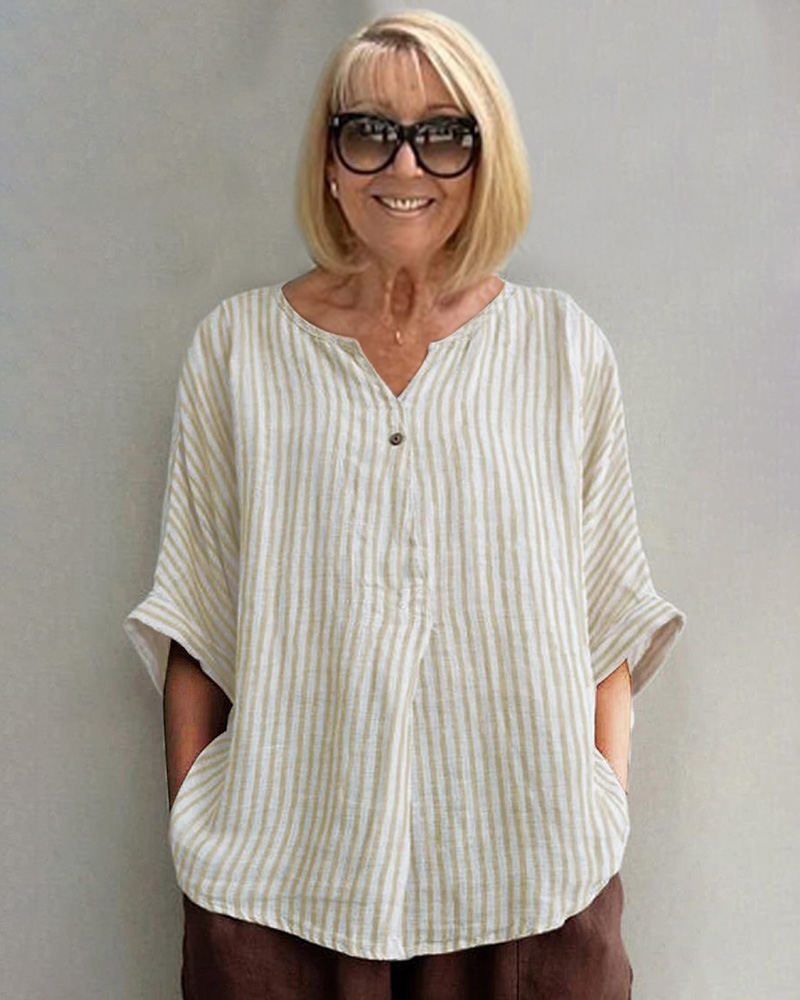 PLus Size V-neck Striped Loose Short-Sleeved Cotton and Linen Shirt Top
