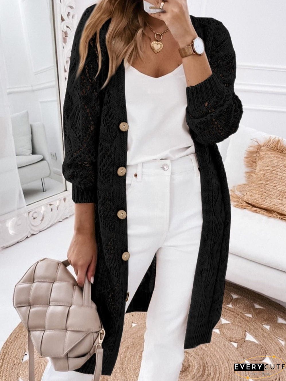 Elegant Black Crochet Knit Openwork Cardigan