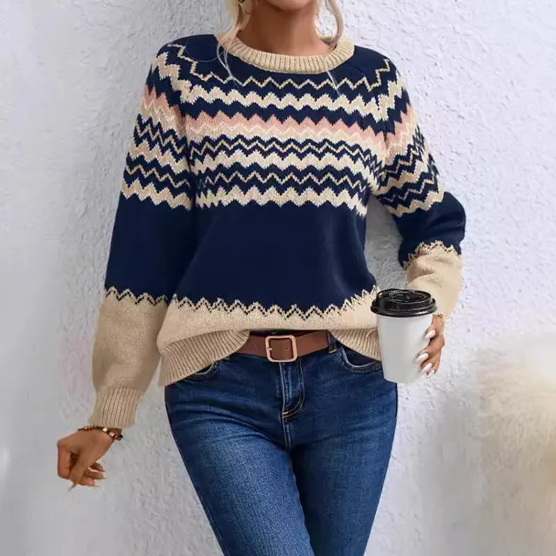 Athvotar Athvotar Women's Sweater Fashion Round-Neck Knitted Top Classic Striped Knitted Shirt