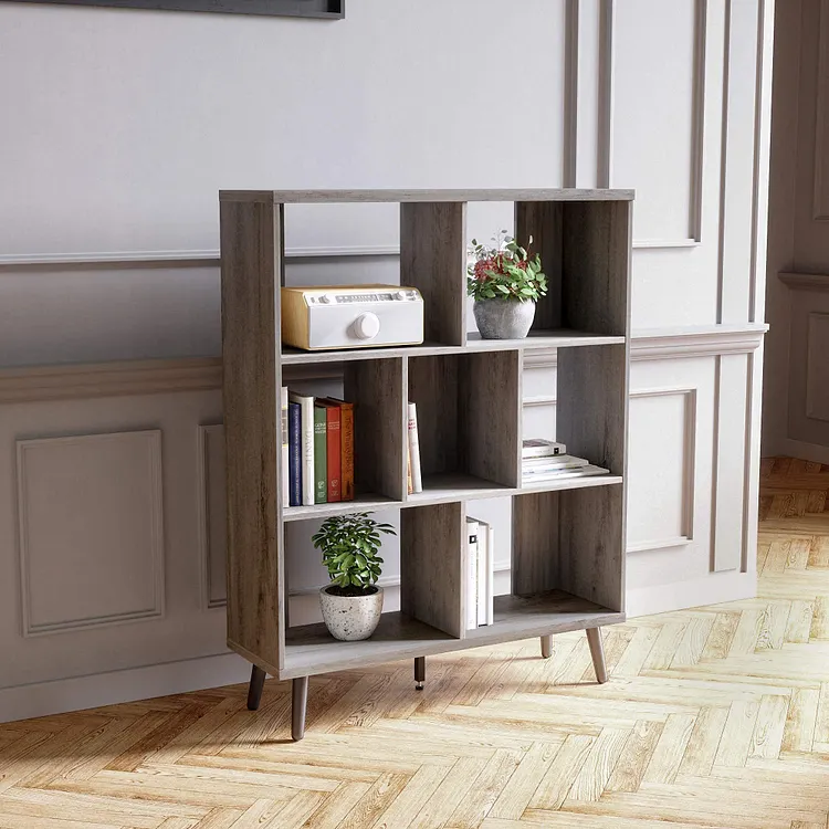 Bestier Mid Century Bookshelf Modern Bookcase 7 Cube Storage Organizer with Legs Freestanding Decorative Organizer Shelves for Living Room Bedroom Home Office Furniture Ash Wood Black