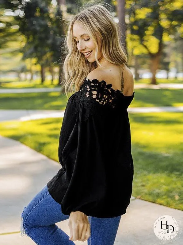 Loose Lace Stitching Chiffon Plus Size Shirt With One-Neck Design For Women
