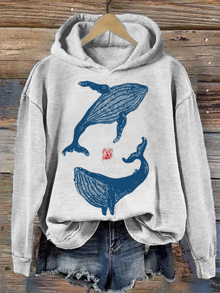 Humpbacks Whale Japanese Lino Art Cozy Hoodie elevenforest