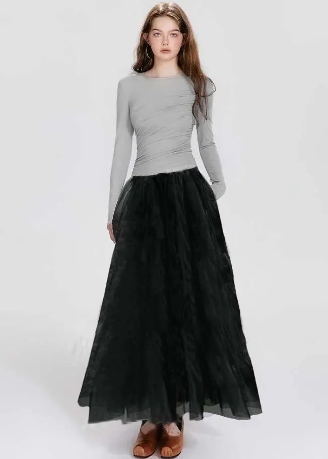 French Black O-Neck Asymmetrical Wrinkled Maxi Dresses Spring