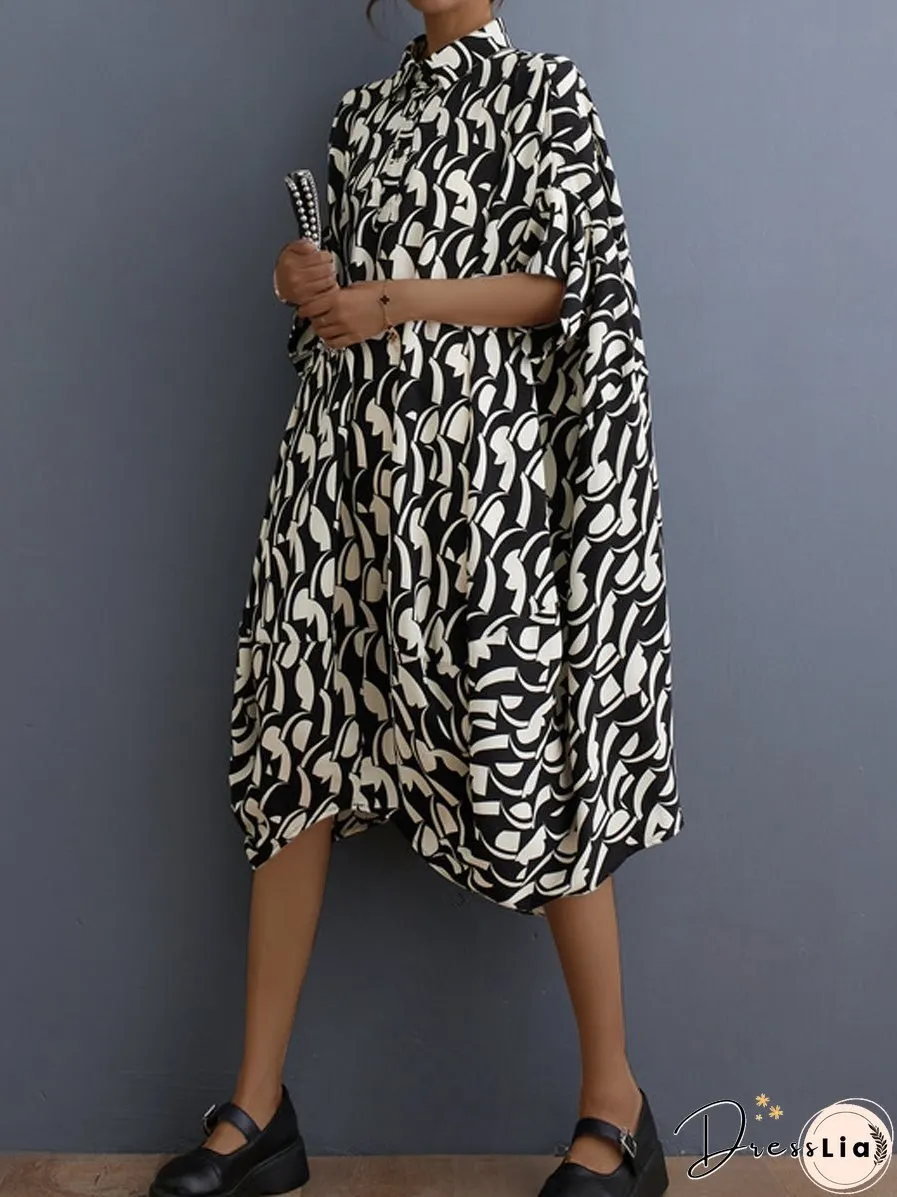 Literary Retro Floral Loose Lapel Temperament Midi Dress