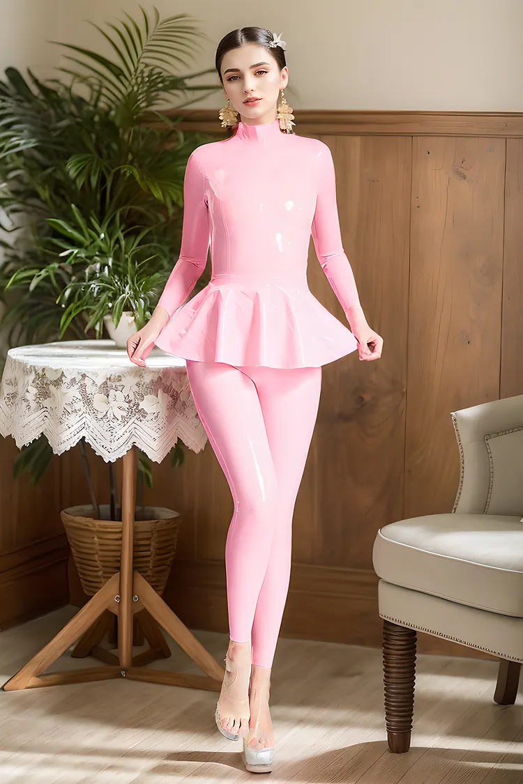 Women Latex Catsuits Ruffled fitting Bubblegum Pink