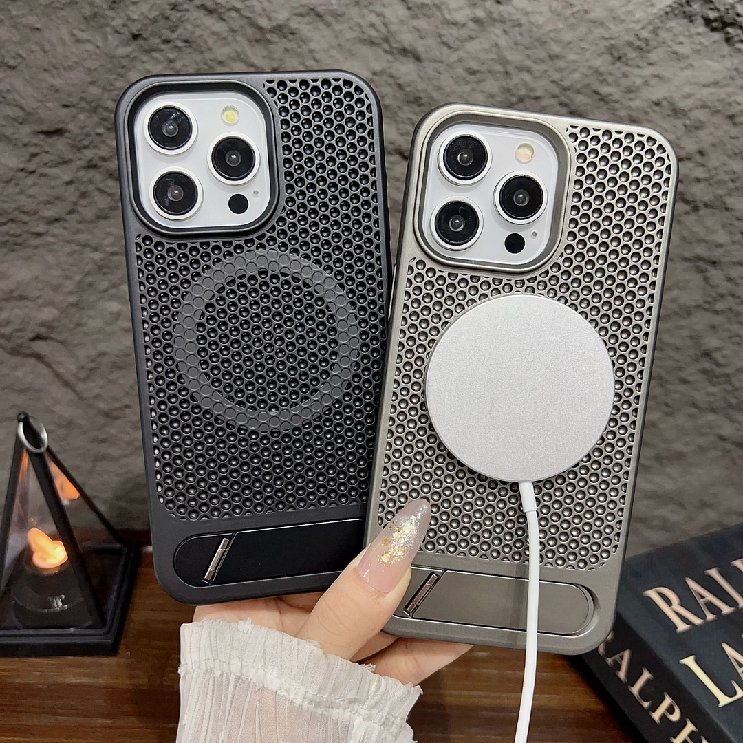 Skeleton Heat Dissipation Breathable Mag Safe Magnetic Apple Acrylic Phone Case with Stand 13 to 15 ProMax