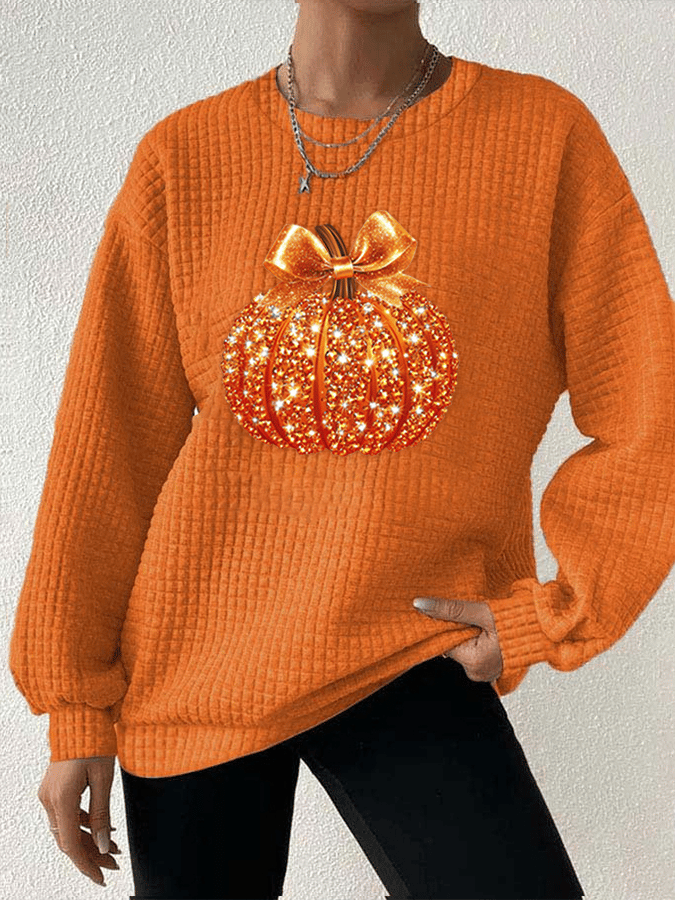 Women's Autumn Sequin Pumpkin Print Gingham Crew Neck Sweatshirt 