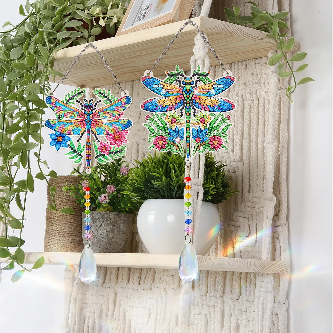 2Pcs Garden Dragonfly DIY Double-Sided Diamond Painting Hanging Kits Diamond Painting Suncatcher Craft Kit for Home Garden Wall Decor Gift