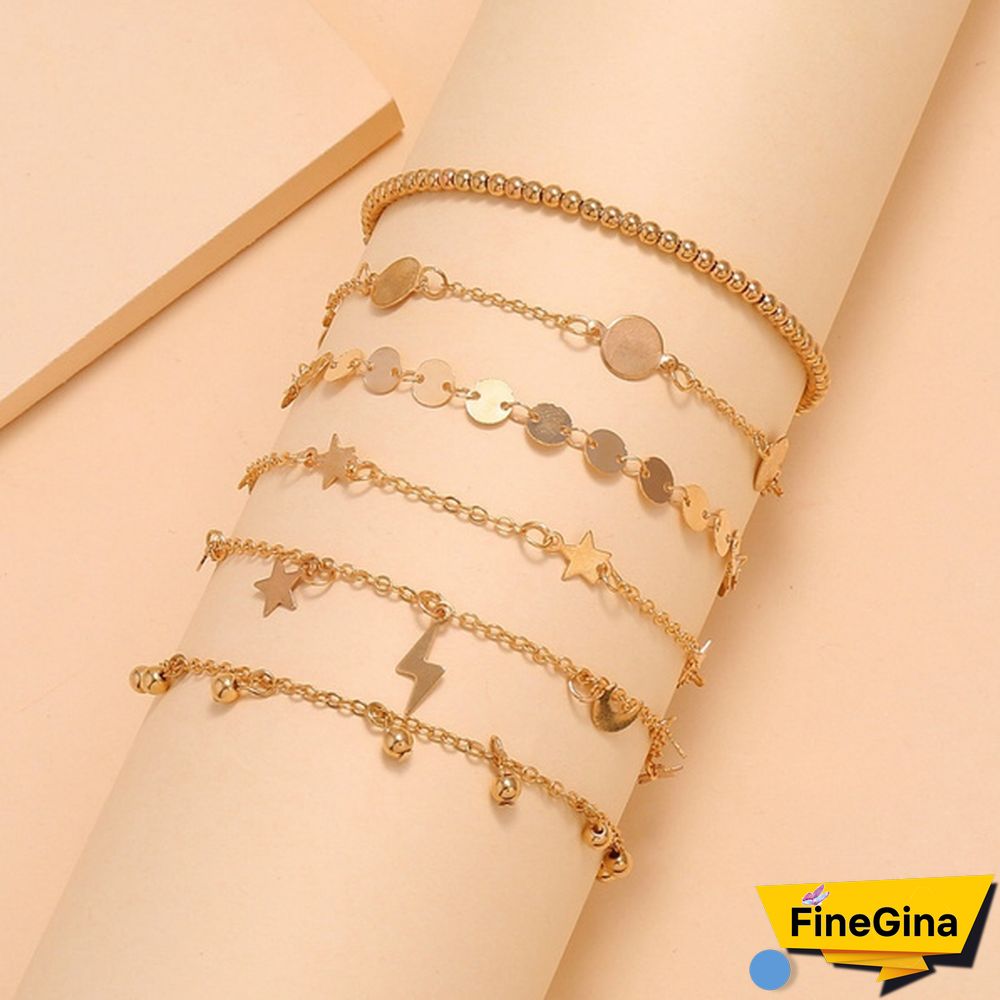 6 Pcs/Set Vintage Gold Color Anklet Women Lightning Star Moon Sequins Bracelet Boho Ankle Bracelet Foot Jewelry