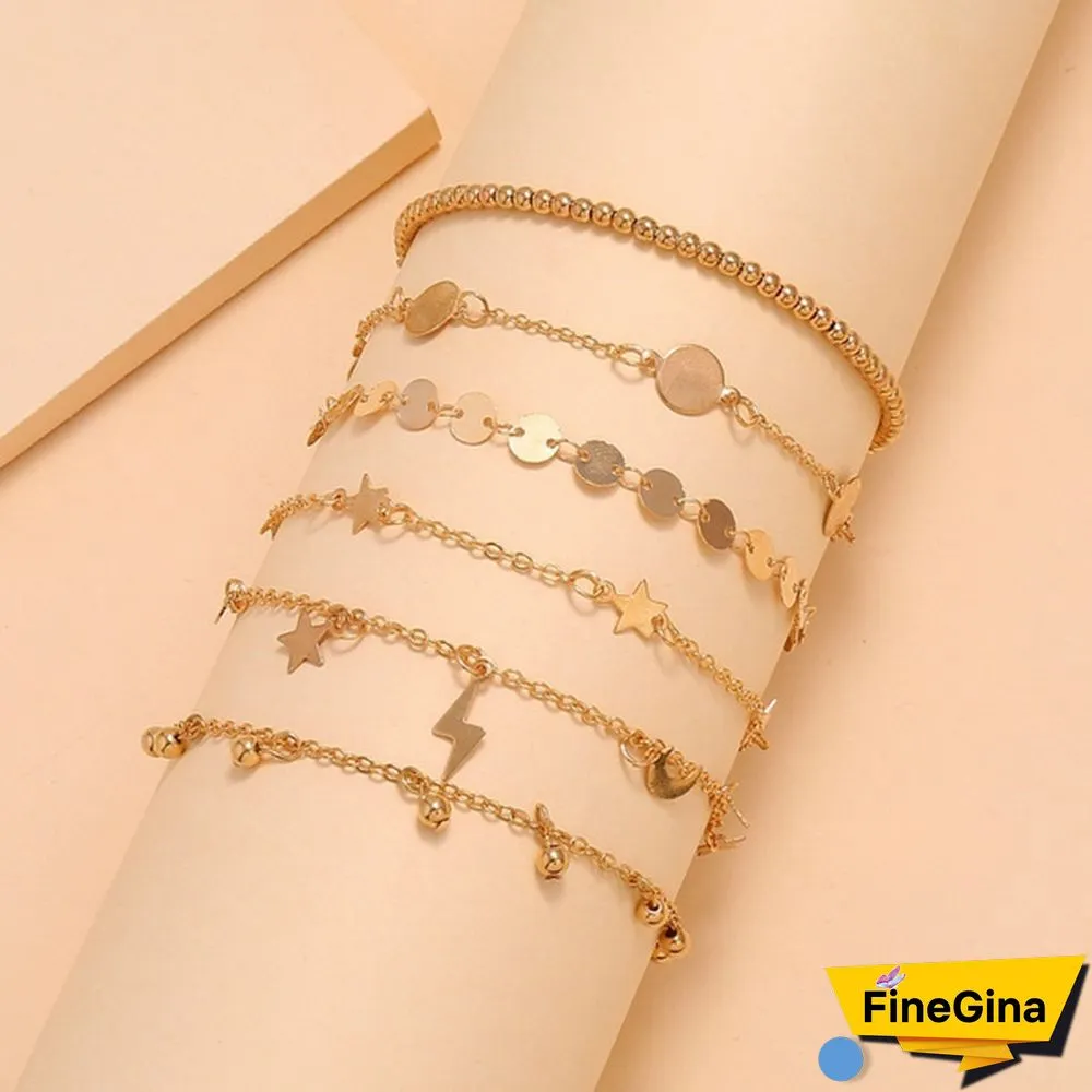6 Pcs/Set Vintage Gold Color Anklet Women Lightning Star Moon Sequins Bracelet Boho Ankle Bracelet Foot Jewelry