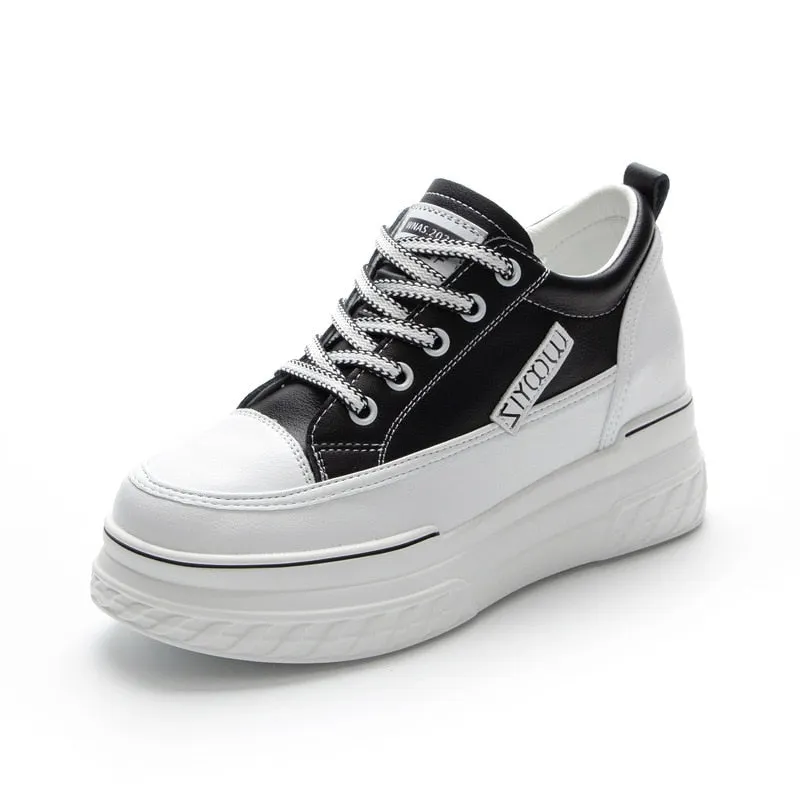 Fujin 8cm Genuine Leather Women Shoes Platform Wedge Sneakers Chunky Shoes Hidden Heel White Black Women Casual Shoes Summer