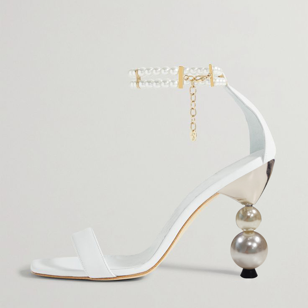 White Open Toe 4'' Decorative Heel Ankle Strap Sandals with Pearl Nicepairs