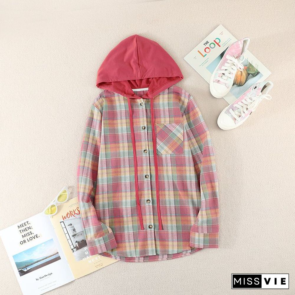 Oversizd Fit Button Up Hoodies Casual Multi Colored Hooded Flannel Shirt