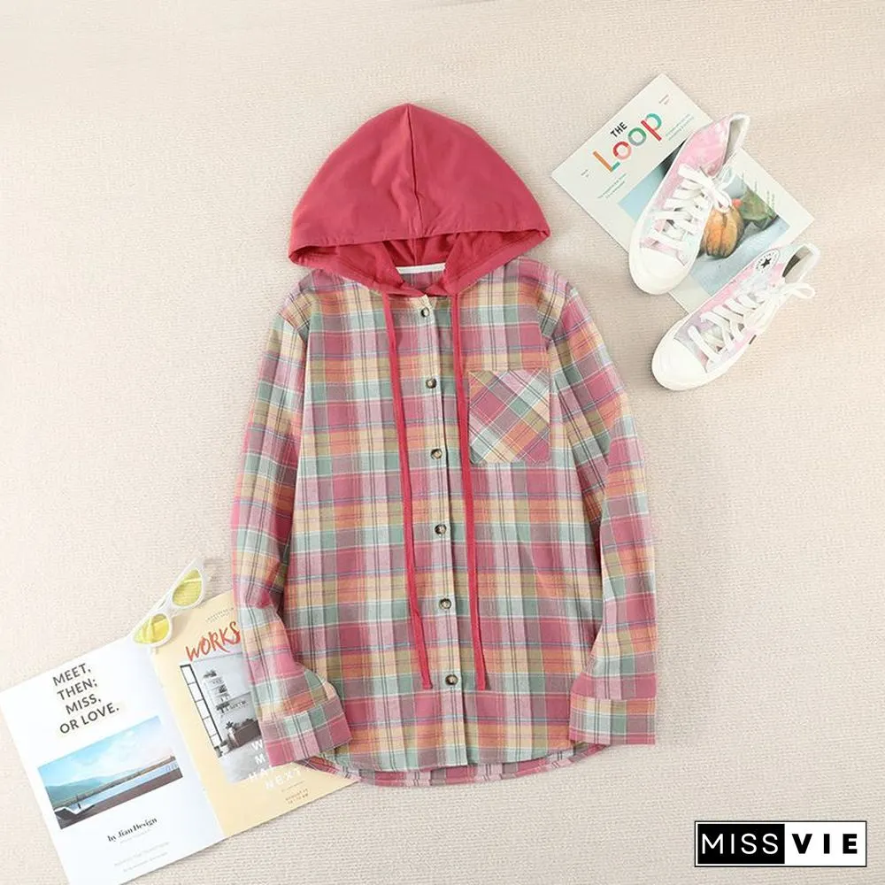 Oversizd Fit Button Up Hoodies Casual Multi Colored Hooded Flannel Shirt