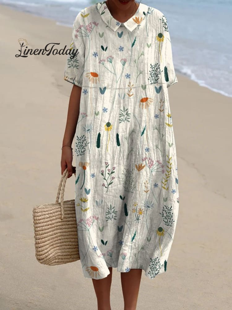 Women&rsquo;s Vintage Lovely Floral Art Print Casual Pocket Linen Dress（Convertible Dress With Front