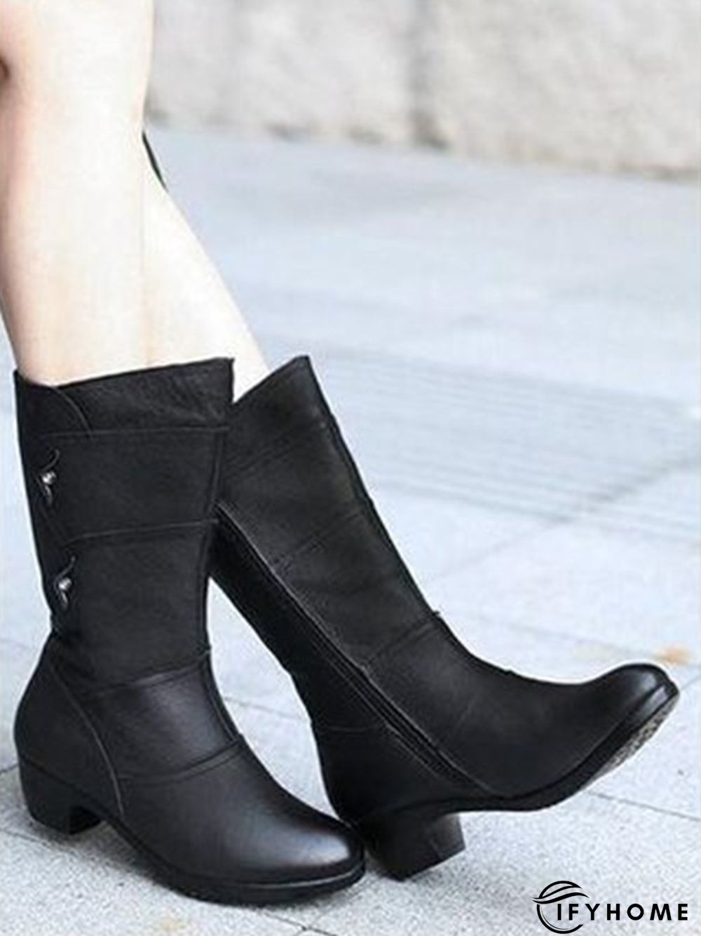 Black Rhinestone Metal Plush Warm Thick Heel Boots | IFYHOME