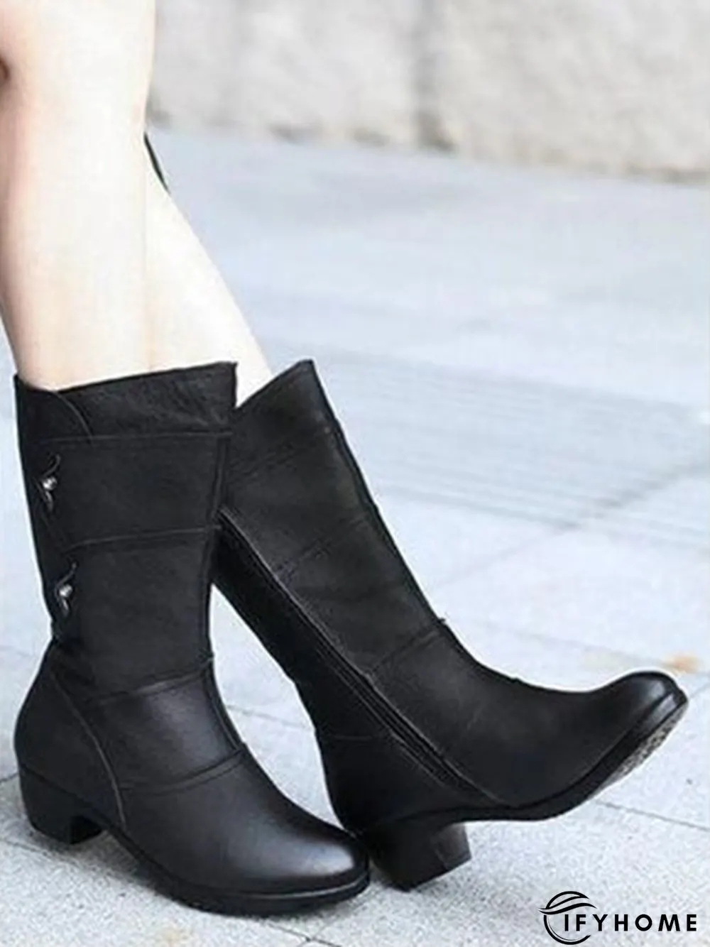 Black Rhinestone Metal Plush Warm Thick Heel Boots | IFYHOME