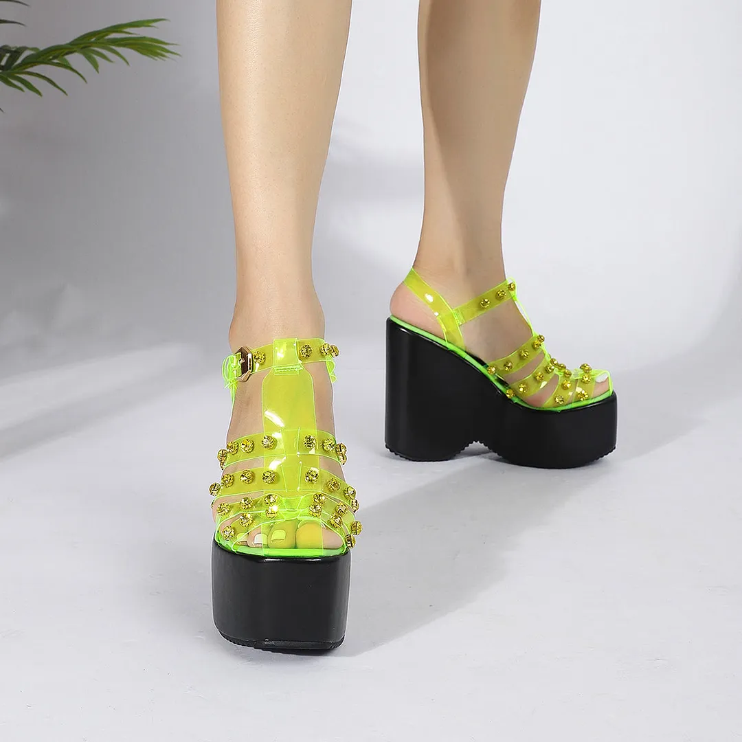 Women Sandals High Heels Rhinestone Fashion Sandals Wedge Platform Fluorescent Green Plus Size Heel Sandals