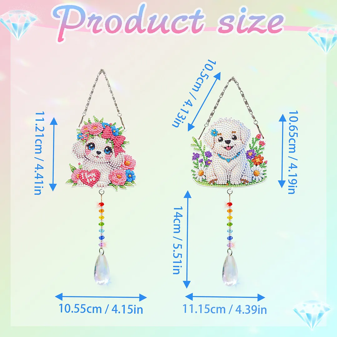 2Pcs Dog DIY Acrylic Diamond Painting Art Wind Chimes with Crystal Pendant Diamond Art Hanging Pendant Double-Sided for Adults Beginners Gift Home Garden Decor