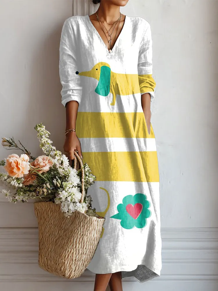 Women's Vintage Dachshund Art Print Linen Pocket Dress