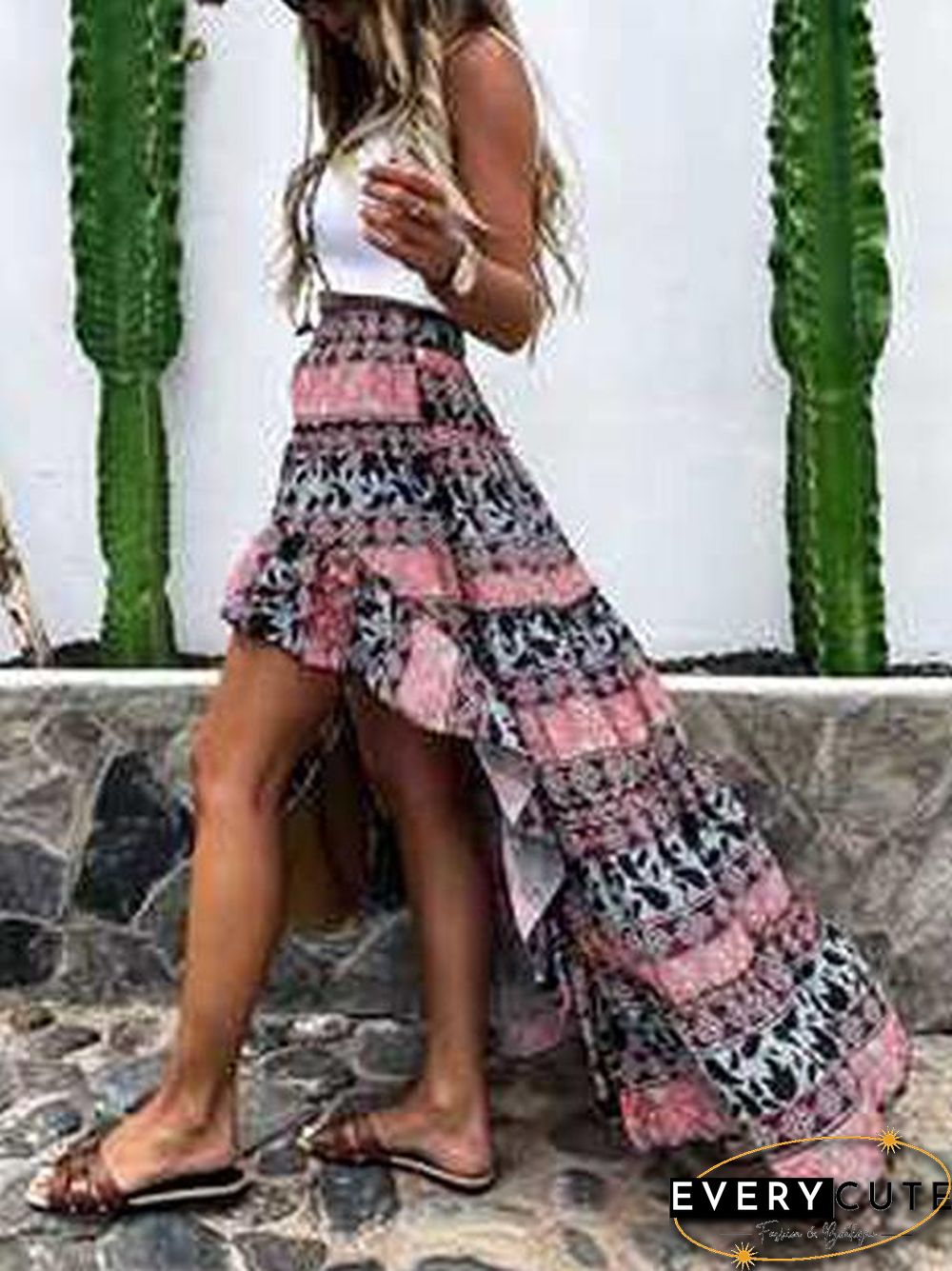 Casual Floral Print Asymmetrical Hem Skirt