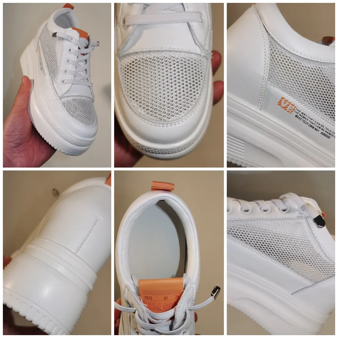 Fujin 8.5cm Platform Wedge Sneakers Height Increased Shoes Genuine Leather for Women Spring Autumn Air Mesh Summer Shoes White